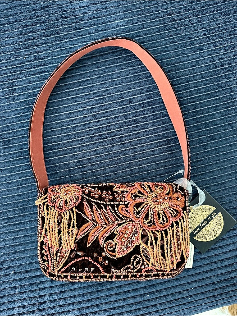 From India to You Beaded Floral Velvet Shoulder Bag Black & Pink